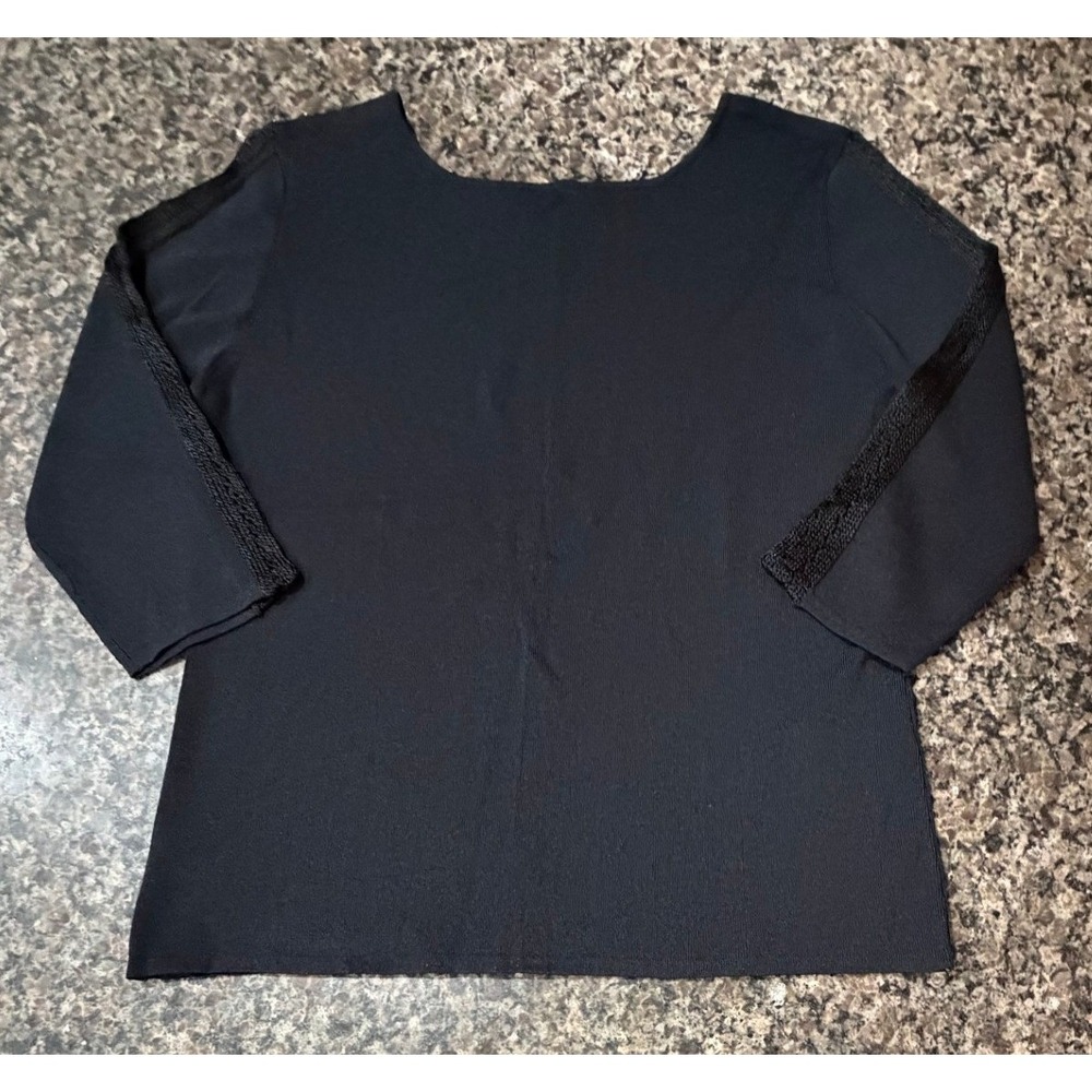 J.A.C. Womens Black Knit Scoop Neck‎ Top 3/4 Sleeve Braided Trim Detail XL